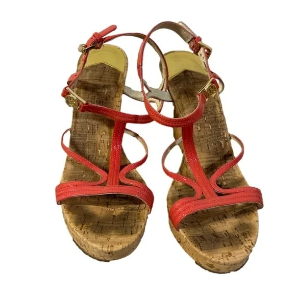 Michael Kors coral pink wedges with gold buckle MK strap size 7.5 - Picture 2 of 7